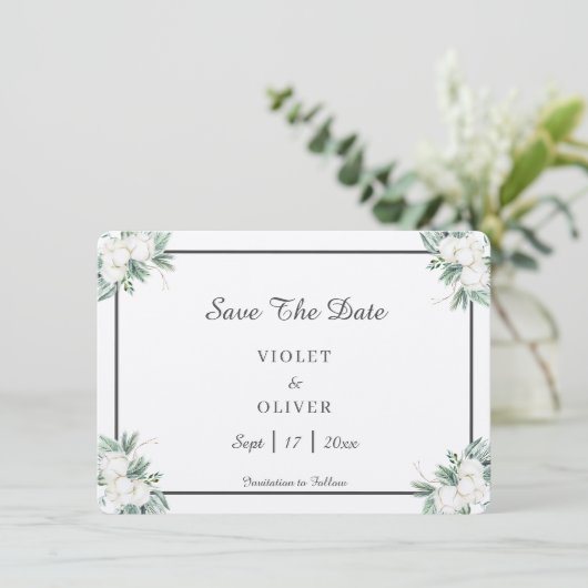Eucalyptus Cotton | Felt Ecru Save The Date (Staand voorkant)