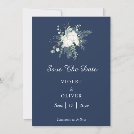 Eucalyptus Cotton | Moderne marinebruiloft Save The Date (Voorkant)