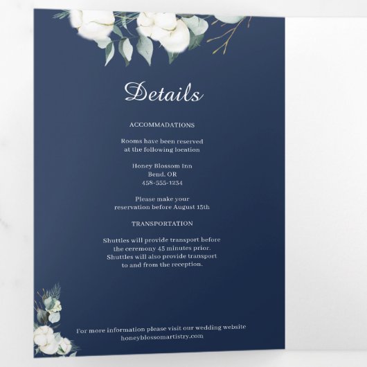 Eucalyptus Cotton | Navy Modern Drieluik Uitnodiging (Binnenzijde eerst)