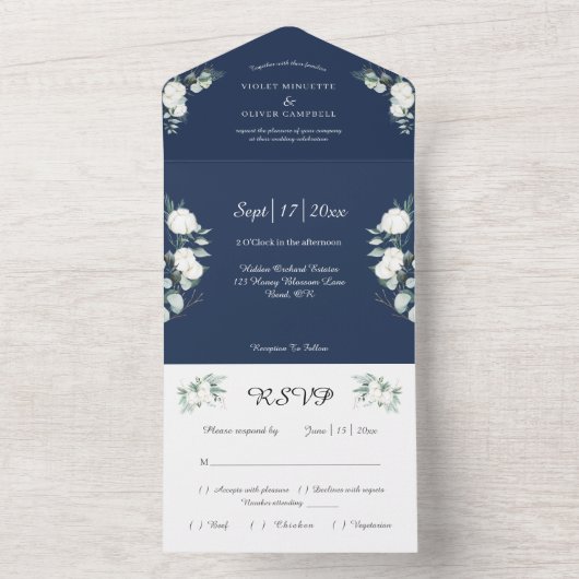 Eucalyptus Cotton | Navy Modern v2 All In One Uitnodiging (Binnen)