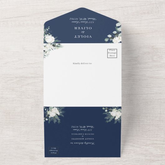 Eucalyptus Cotton | Navy Modern White RSVP All In One Uitnodiging (Buitenkant)