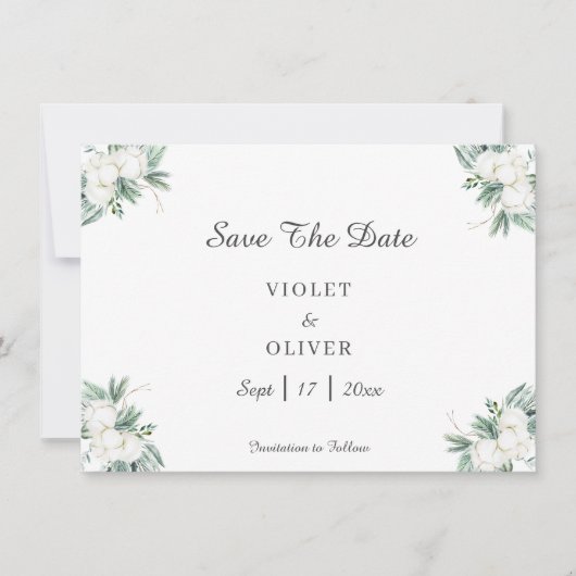 Eucalyptus Cotton | Witte moderne bruiloft Save The Date (Voorkant)
