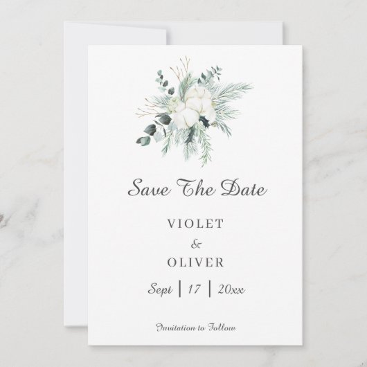 Eucalyptus Cotton | Witte moderne bruiloft Save The Date (Voorkant)