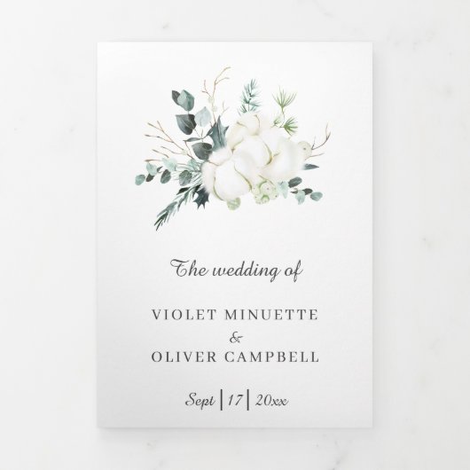 Eucalyptus Cotton | Witte moderne Drieluik Uitnodiging (Cover)