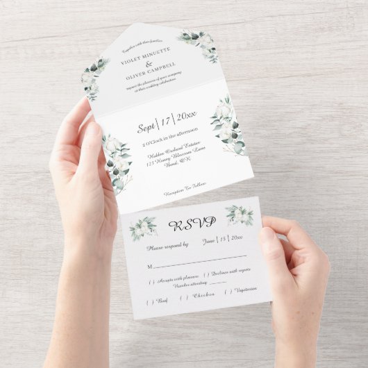 Eucalyptus Cotton | Witte moderne v2 All In One Uitnodiging (Afscheurbaar)