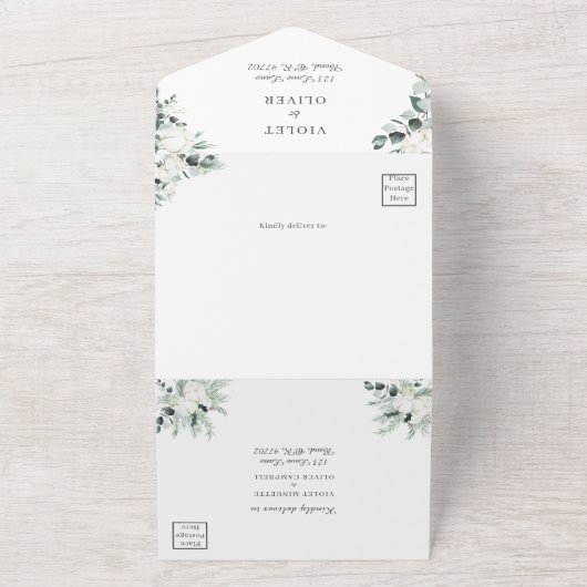 Eucalyptus Cotton | Witte moderne witte RSVP All In One Uitnodiging (Buitenkant)