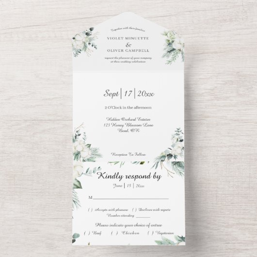 Eucalyptus Cotton | Witte moderne witte RSVP All In One Uitnodiging (Binnen)