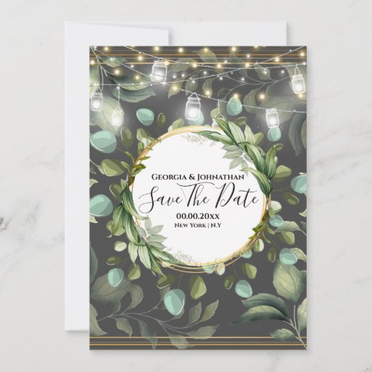 Eucalyptus country garden string licht grijs goud save the date (Voorkant)