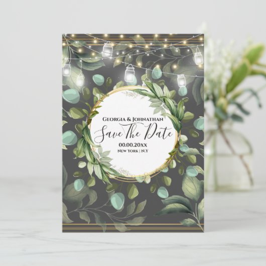 Eucalyptus country garden string licht grijs goud save the date (Staand voorkant)