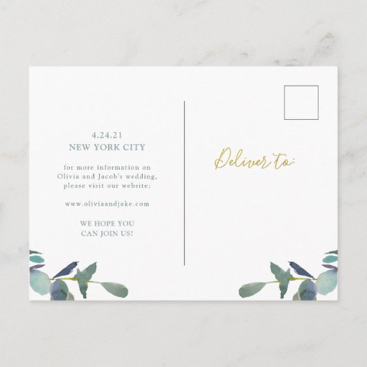 Eucalyptus crest | bladeren en goud sparen de datu briefkaart (Achterkant)