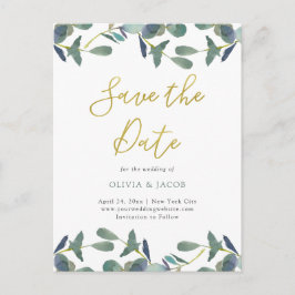 Eucalyptus crest | bladeren en goud sparen de datu briefkaart