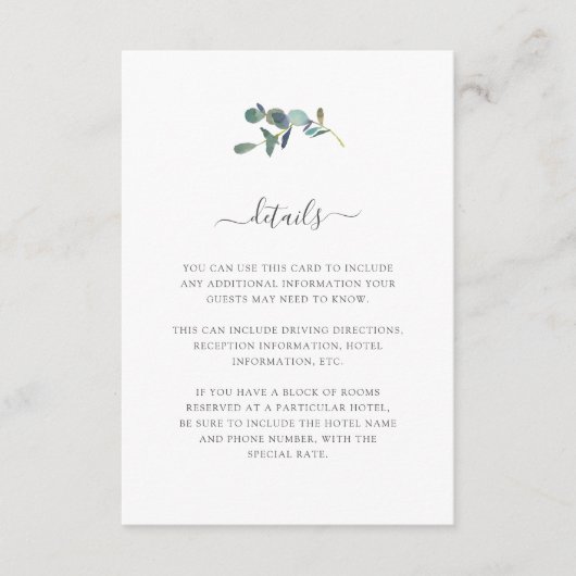 Eucalyptus crest | Details bruiloft gast Informatiekaartje (Voorkant)