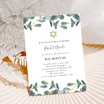 Eucalyptus Crest | Green Leaves Gold Bat Mitzvah Kaart<br><div class="desc">Deze eenvoudige en trendy Bat Mitzvah uitnodigingen zijn voorzien van groene waterverf eucalyptus bladeren op een schone witte achtergrond met een modern handgeschreven script en een faux goudster van David.</div>