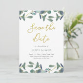 Eucalyptus Crest | Groene bladeren en Faux Gold Save The Date (Staand voorkant)
