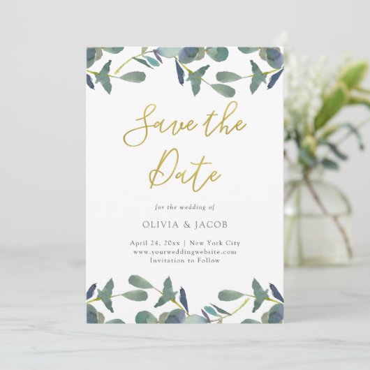 Eucalyptus Crest | Groene bladeren en Faux Gold Save The Date (Staand voorkant)