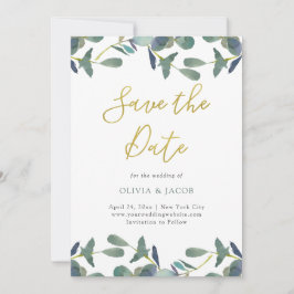 Eucalyptus Crest | Groene bladeren en Faux Gold Save The Date