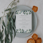 Eucalyptus Crest | Groene lederen Waterverf bruilo Menu<br><div class="desc">Dit eenvoudige en trendy trouwmenu kenmerkt groene waterverf eucalyptus bladeren op een schone witte achtergrond met modern handgeschreven manuscript.</div>