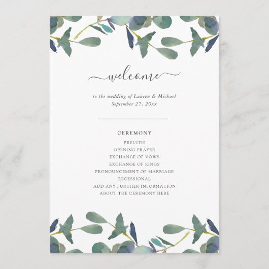 Eucalyptus Crest | Groene lederen Waterverf bruilo Programmakaart (Voorkant)