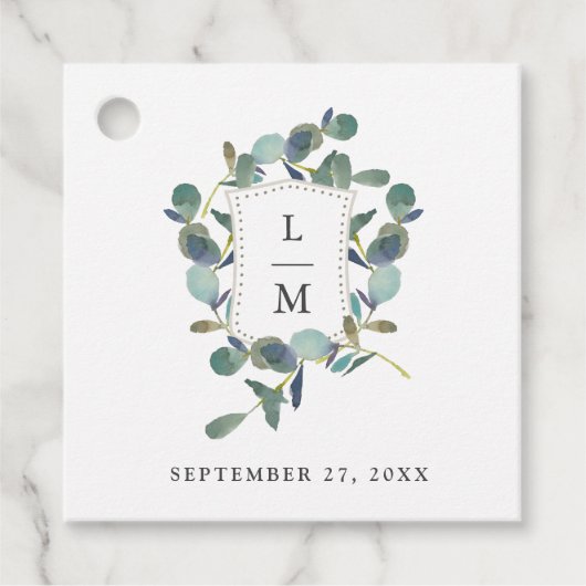 Eucalyptus crest | Monogram Waterverf bruiloft Bedankjes Labels (Voorkant)
