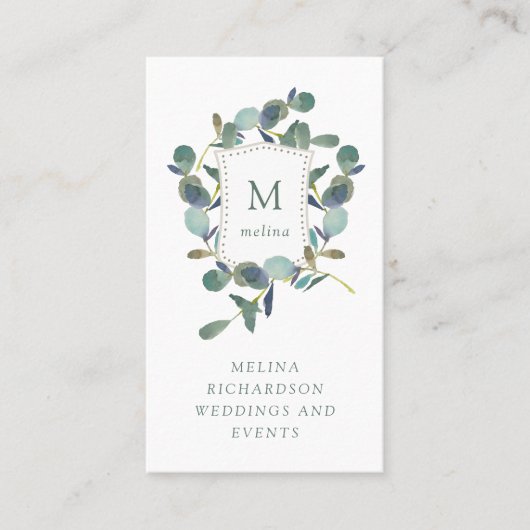 Eucalyptus Crest | Waterverf bladeren en monogram Visitekaartje (Voorkant)