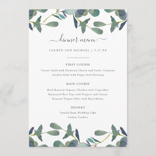 Eucalyptus Crest | Waterverf Huwelijk Groene Blade Menu (Voorkant)