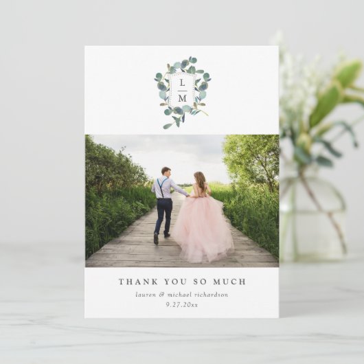 Eucalyptus crest | Waterverf Trouwfoto Bedankkaart (Staand voorkant)