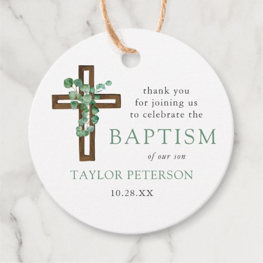 Eucalyptus Cross Modern Baptisme Dank je Bedankjes Labels (Voorkant)