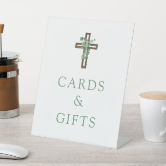 Eucalyptus Cross Moderne Doopkaarten en Cadeaus Reclamebord Met Voetstuk