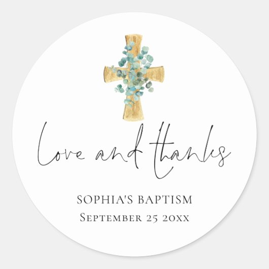 Eucalyptus Cross Script Baptism Christening Bedank Ronde Sticker (Voorkant)