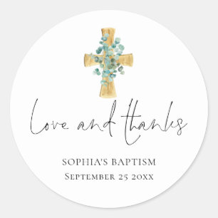 Eucalyptus Cross Script Baptism Christening Bedank Ronde Sticker