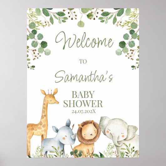 Eucalyptus Cute Safari Baby shower Welkomstteken Poster (Voorkant)