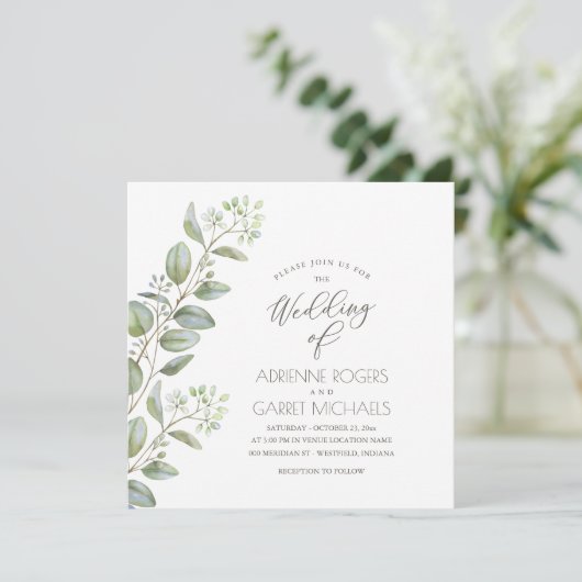 Eucalyptus Cuttings Square White Weddenschap Kaart (Staand voorkant)