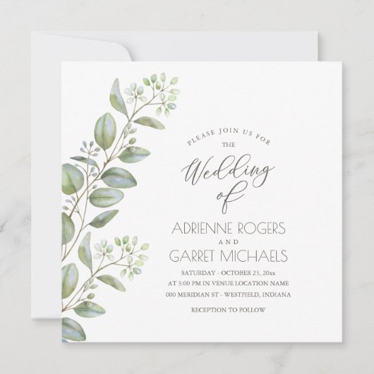 Eucalyptus Cuttings Square White Weddenschap Kaart (Voorkant)