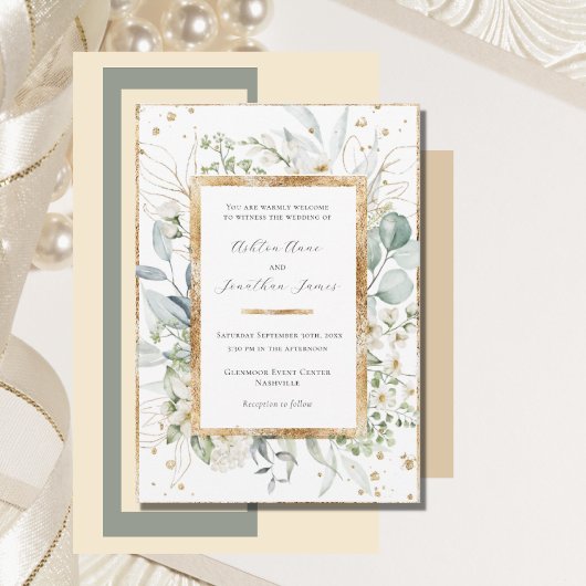 Eucalyptus Daisies Goud Elegant Bruiloft Kaart