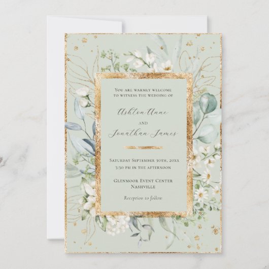 Eucalyptus Daisies Goud Salie Groen Elegant Bruilo Kaart (Voorkant)