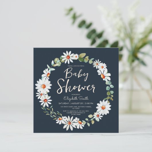 Eucalyptus & Daisy Navy Blue Baby shower Kaart (Staand voorkant)