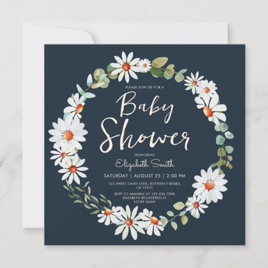 Eucalyptus & Daisy Navy Blue Baby shower Kaart (Voorkant)