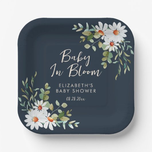 Eucalyptus & Daisy Navy Blue Baby shower Papieren Bordje (Voorkant)