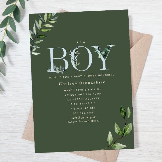 Eucalyptus Dark Green Boy Baby shower Kaart