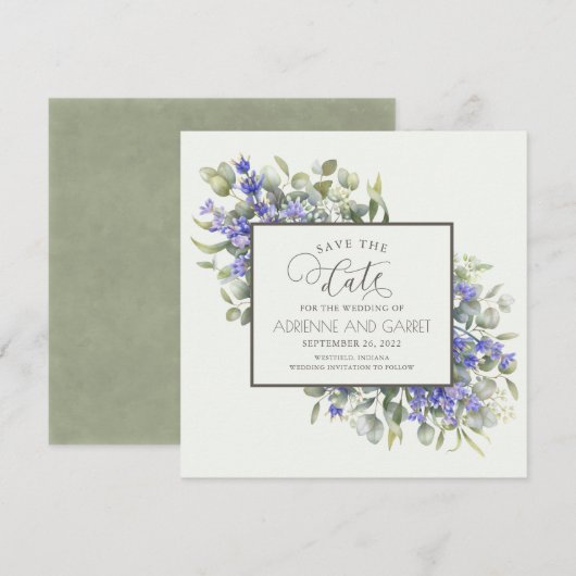 Eucalyptus & Delicate Lavender Wedding Save The Date (Voorkant / Achterkant)