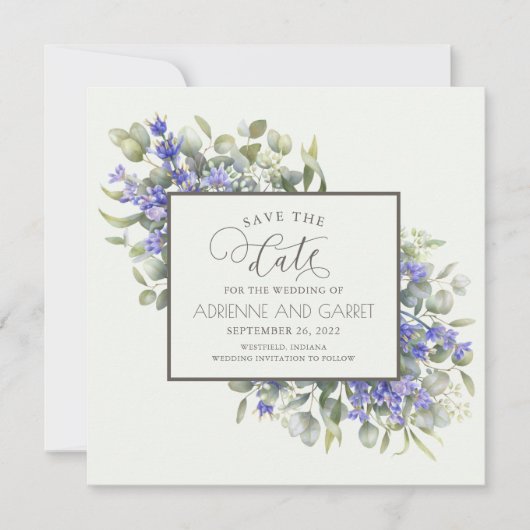 Eucalyptus & Delicate Lavender Wedding Save The Date (Voorkant)
