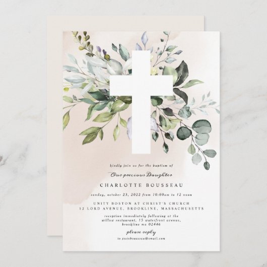 Eucalyptus doopsel meisje uitnodiging (Voorkant / Achterkant)