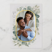 Eucalyptus Dromerige Gouden Fotobruiloft Bewaar de Folie Uitnodiging (Voorkant)