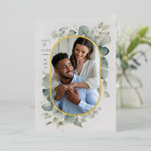 Eucalyptus Dromerige Gouden Fotobruiloft Bewaar de Folie Uitnodiging (Staand Voorkant)