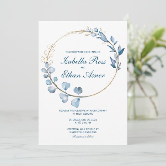 Eucalyptus Dusty Blue en Gold bruiloft Kaart (Staand voorkant)