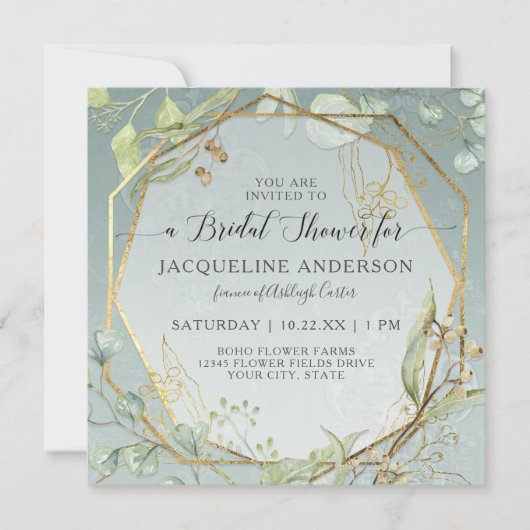 Eucalyptus Dusty Blue Gold Hexagon Vrijgezellenfee Kaart (Voorkant)