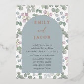 Eucalyptus Dusty Blue & Roos Gold Wedding Folie Uitnodiging (Voorkant)