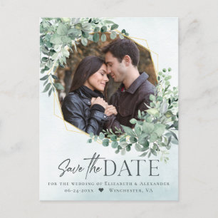 Eucalyptus Dusty Blue Wedding Photo Save the Date Aankondigingskaart