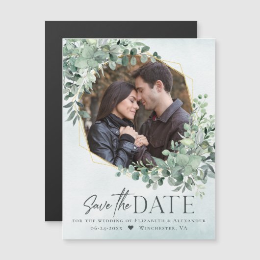 Eucalyptus Dusty Blue Wedding Photo Save the Date Magnetische Uitnodiging (Voorkant / Achterkant)