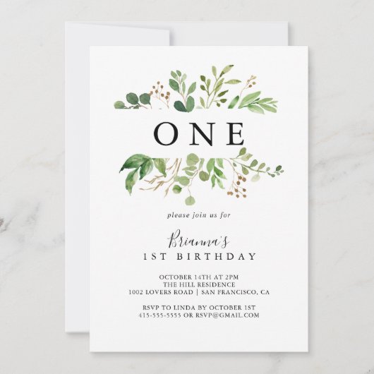 Eucalyptus Eenvoudig Bloemen Eerste Verjaardagsfee Kaart (Voorkant)